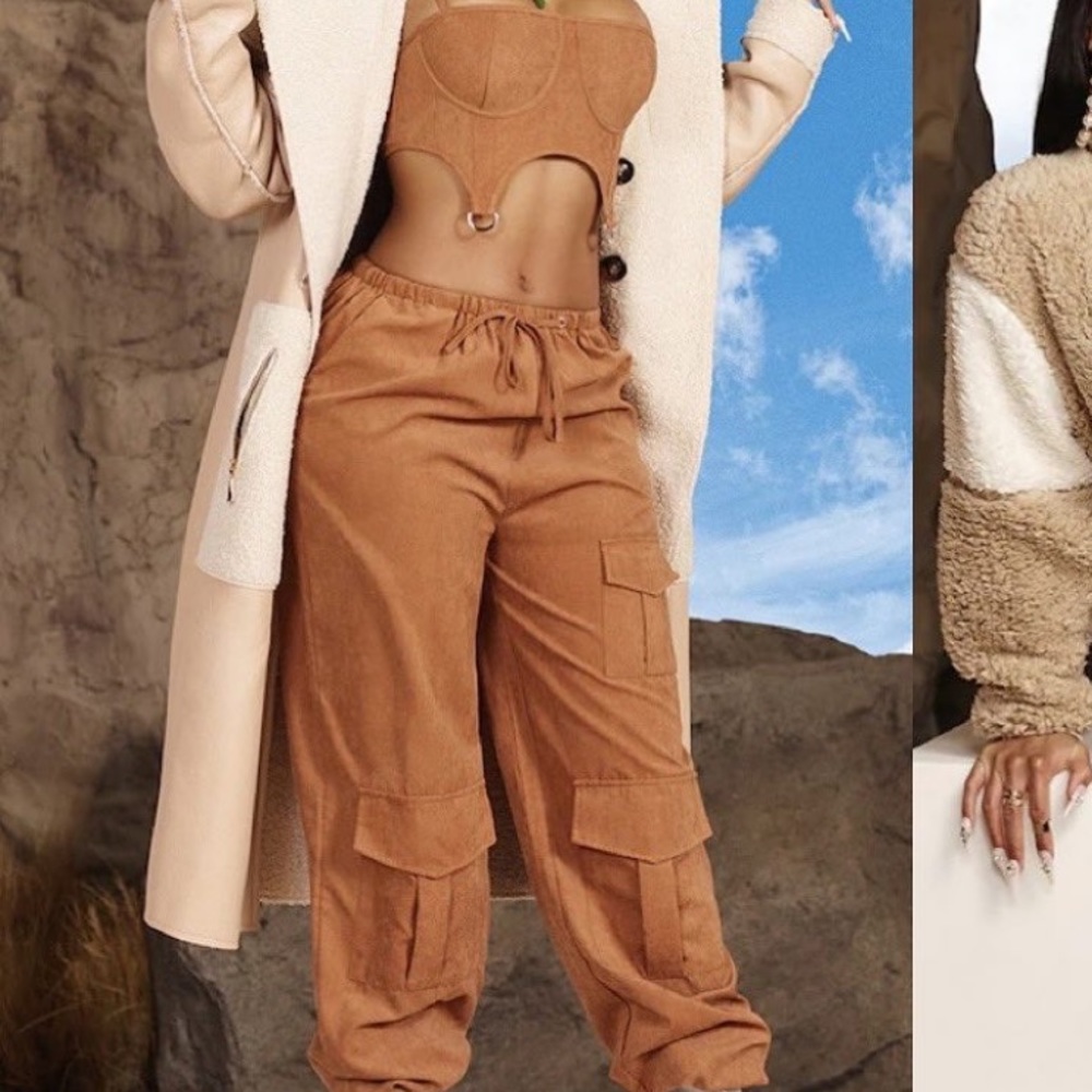 Suede Drawstring Waist Cargo Pants